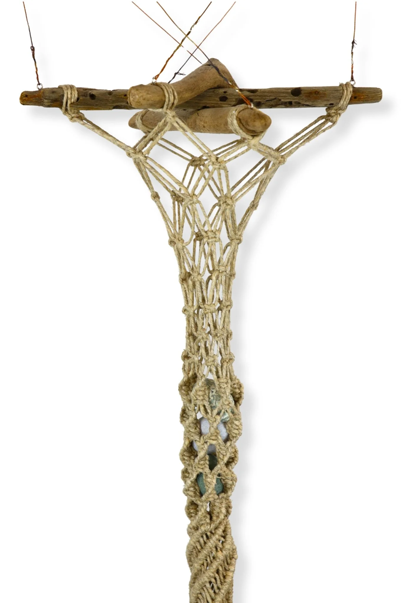Cylindrical Net, jute string and rocks, 36 x 8 x 8, 2017