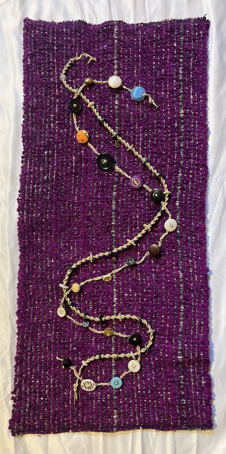 Raspberry Chenille/Macrame Button Drizzle, 25” x 12”, 2024