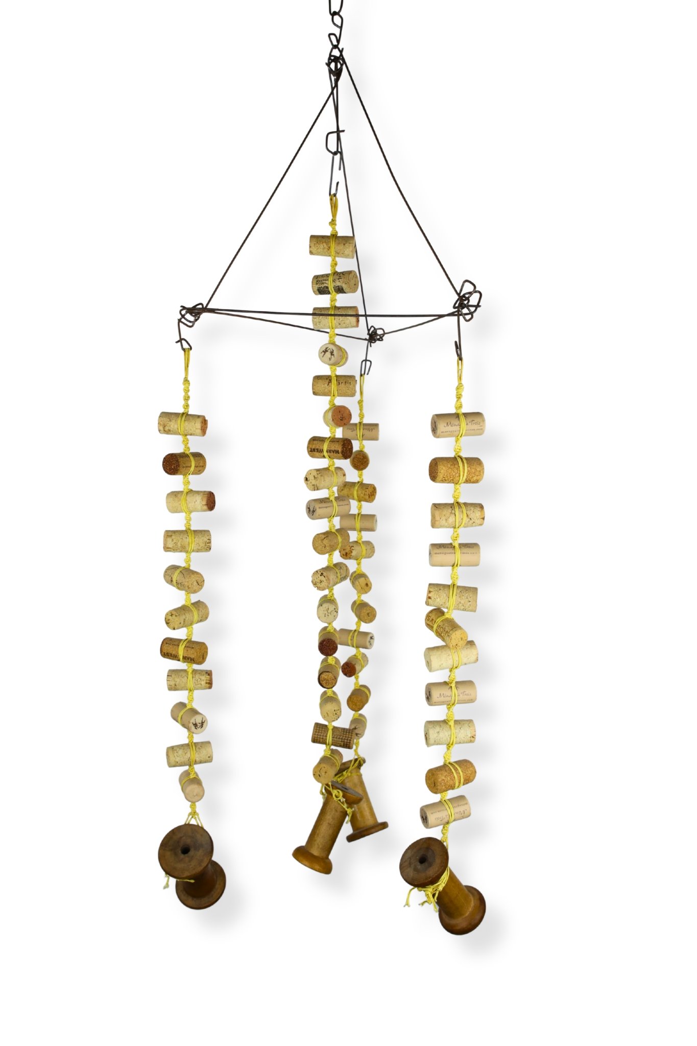 Cork and Wooden Spools, yellow cotton cord, cork, and wood spools, 36 x 14 x 14, 2019