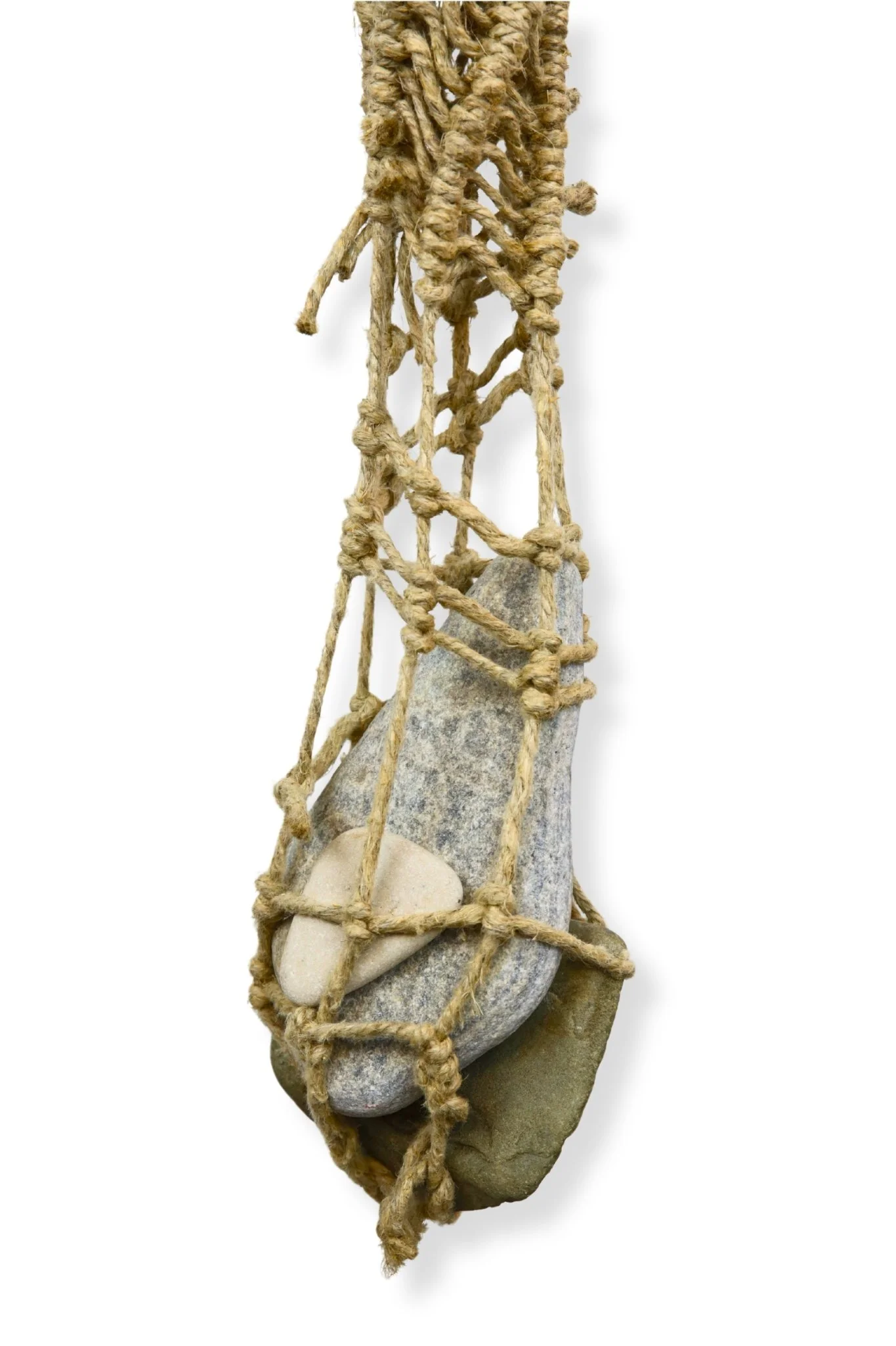 Cylindrical Net, jute string and rocks, 36 x 8 x 8, 2017