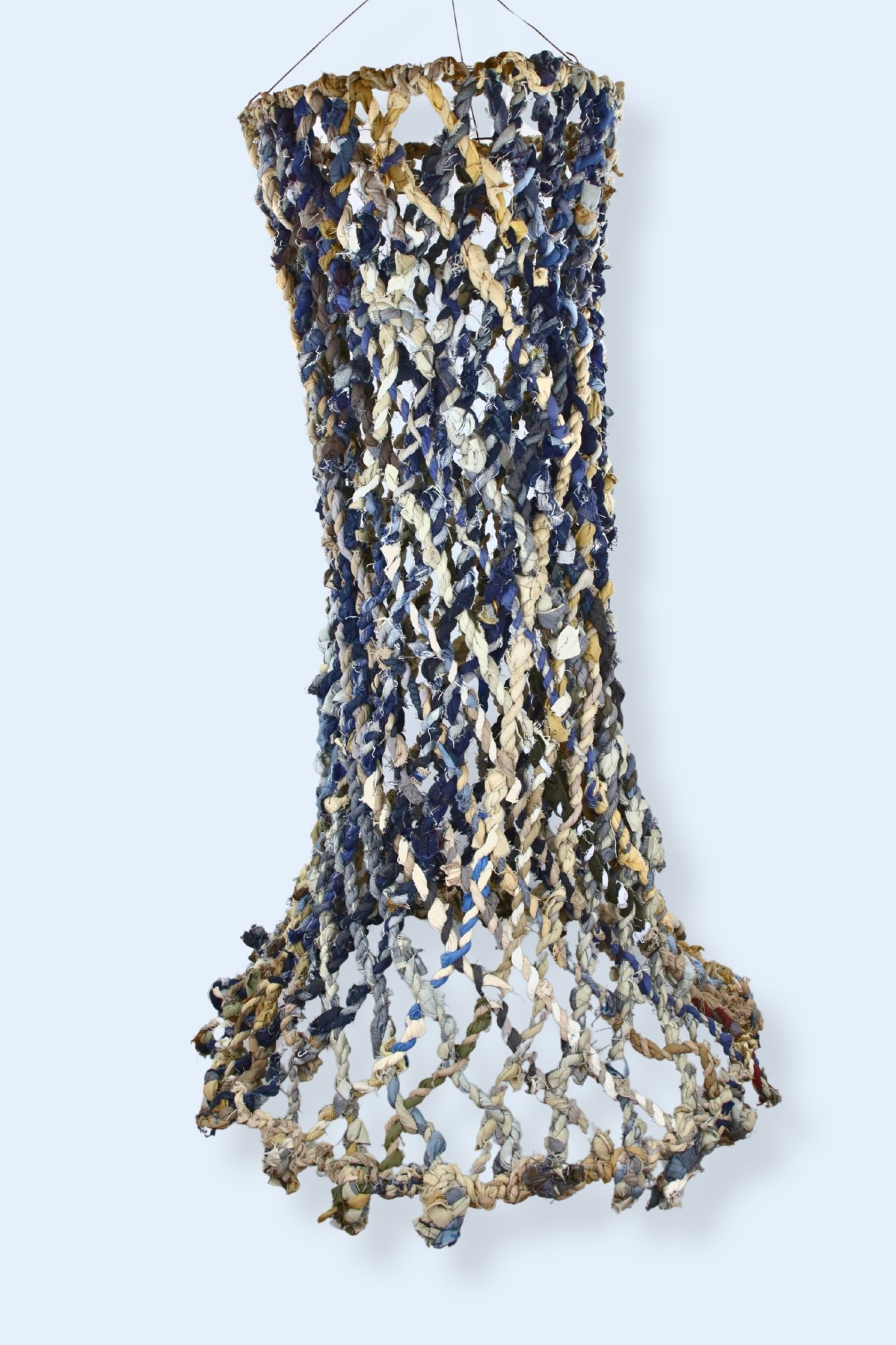 Cylindrical Net, pant hem rope, polyester, and cotton, 48 x 24, 2023