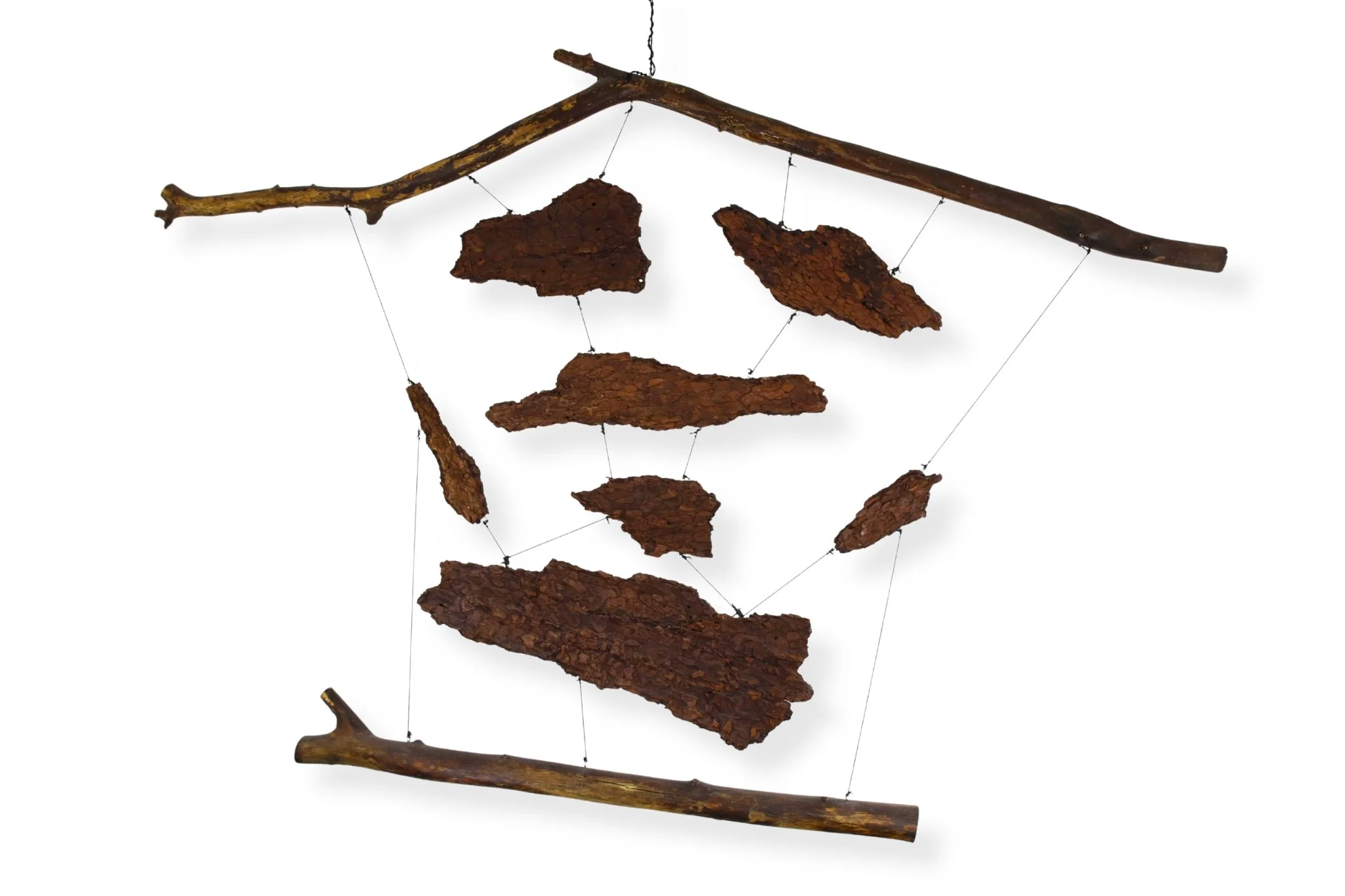 Jing, waxed black cotton cord, wood, and bark, 33 x 48, 2022