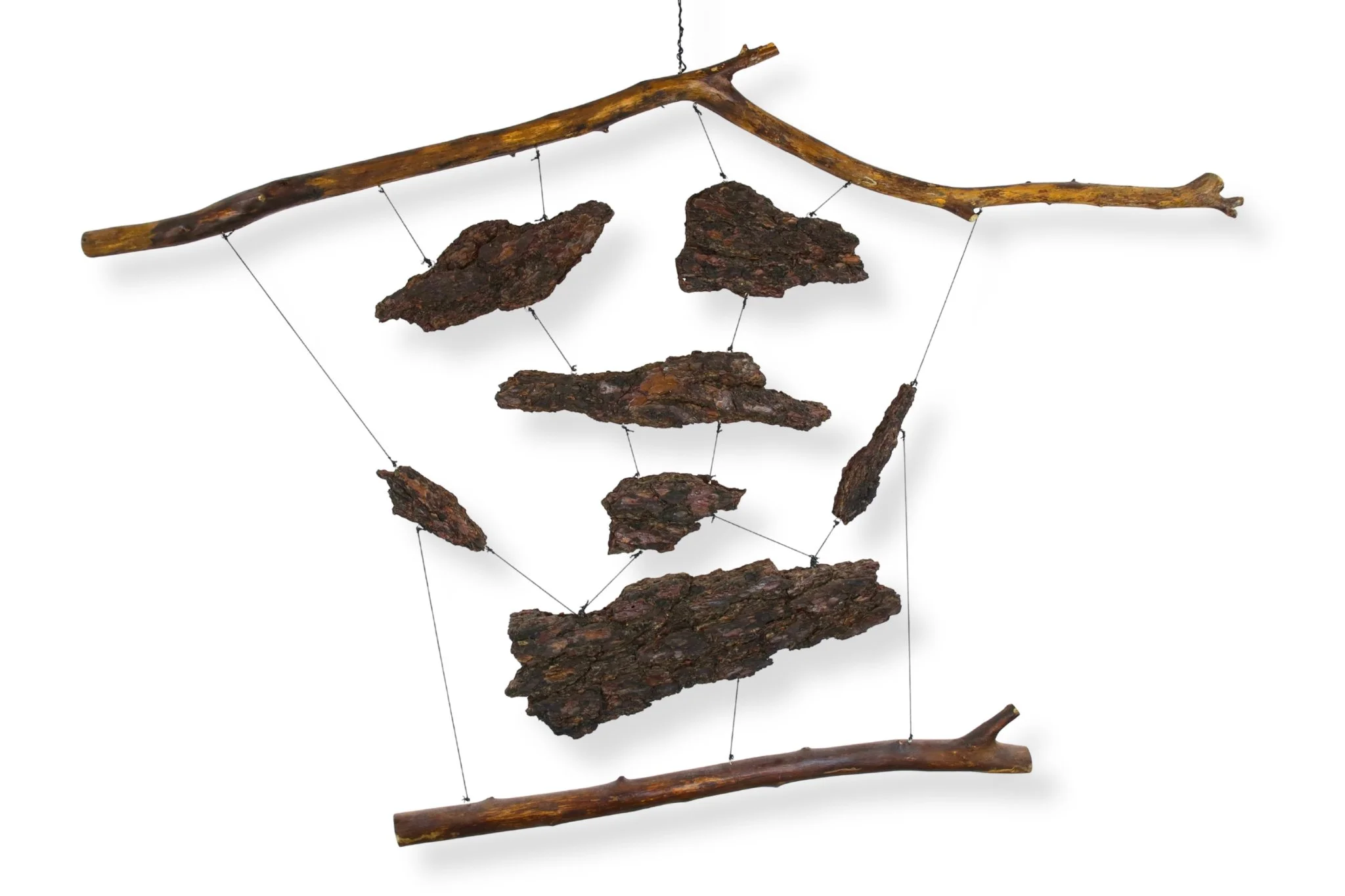 Jing, waxed black cotton cord, wood, and bark, 33 x 48, 2022
