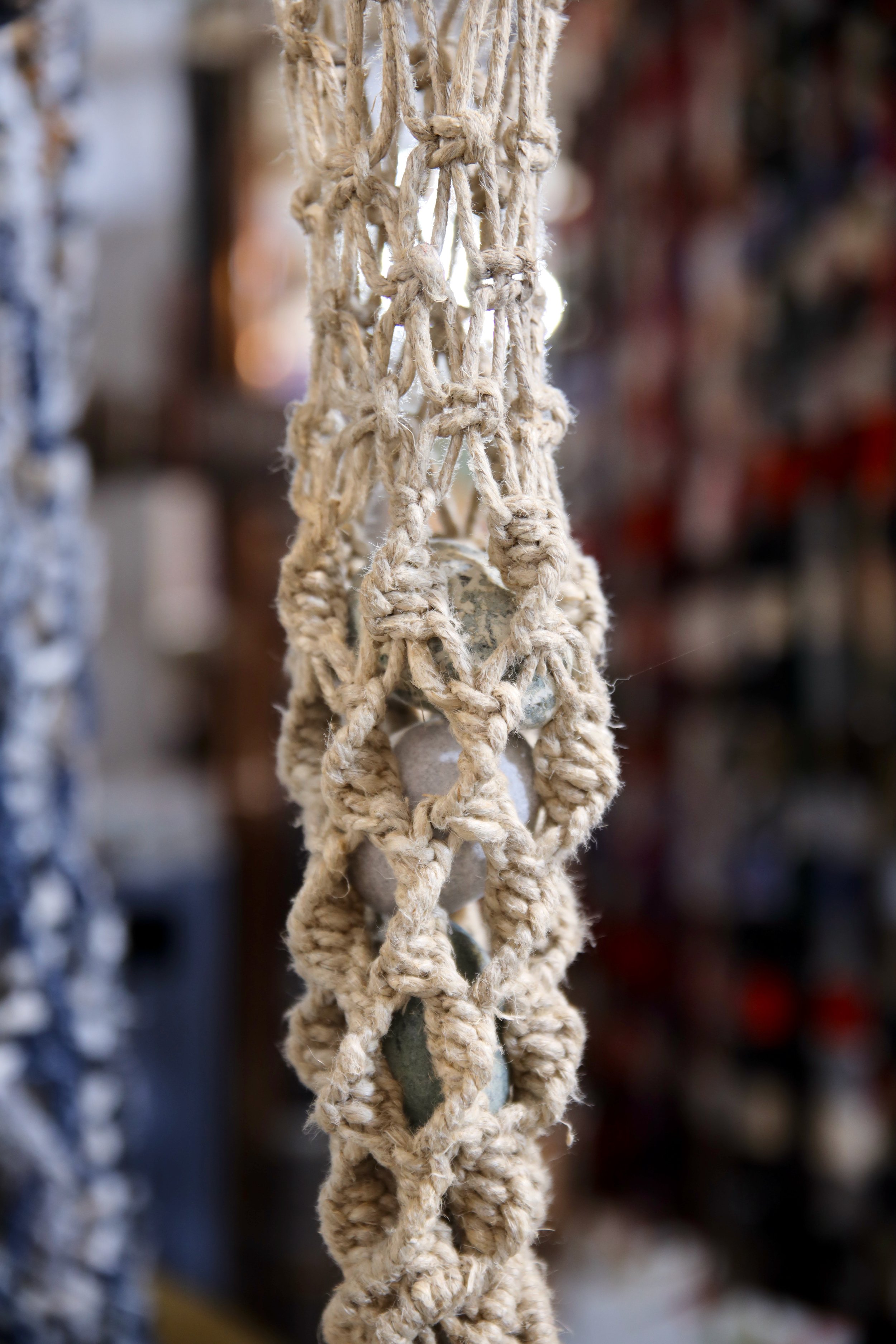 Cylindrical Net, 2017, 36. x 8, Jute String with Various Knots and Rocks.