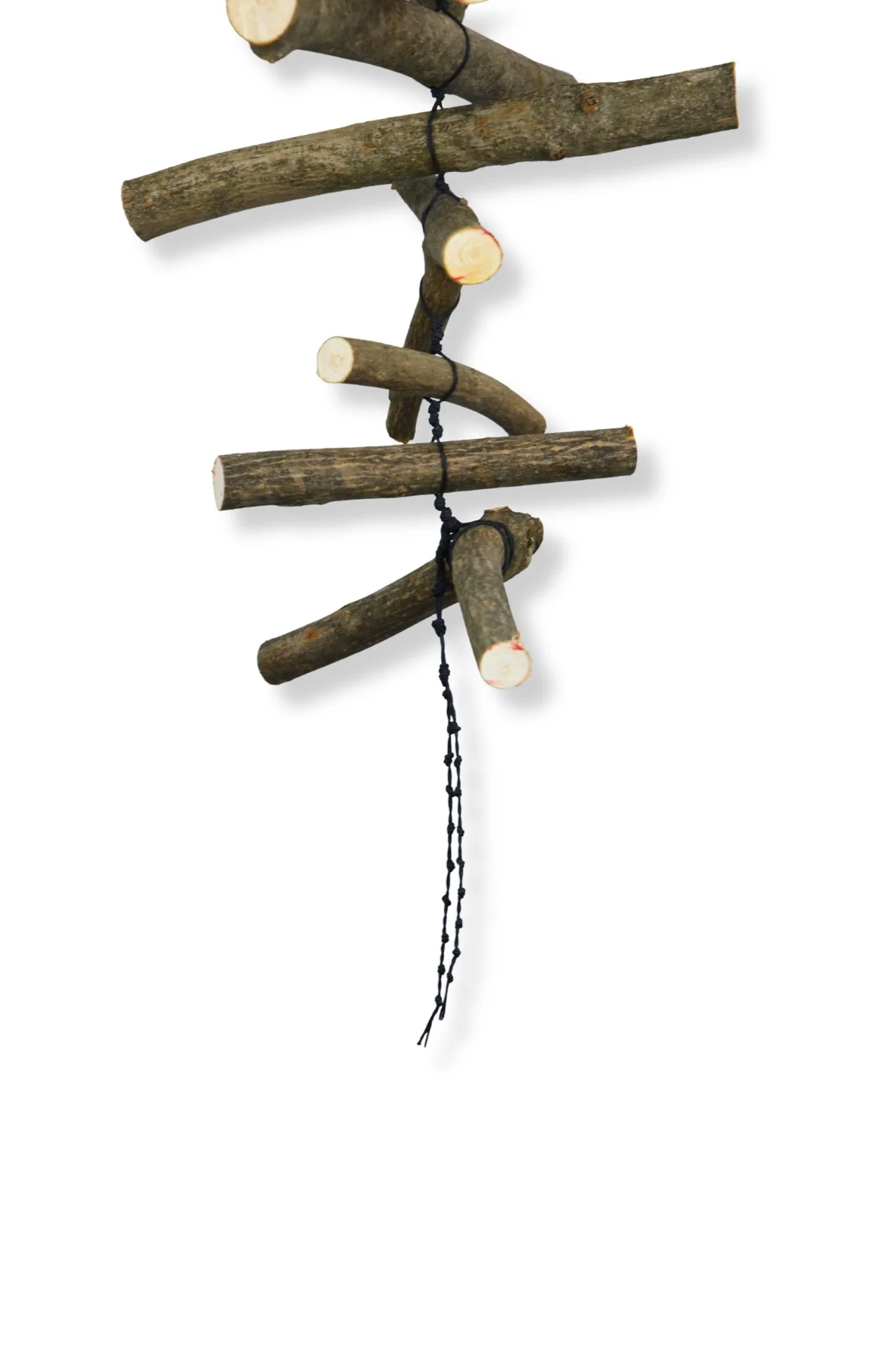 Different Planes of Existence for All, waxed black cotton cord and wood, 40 x 12 x 12, 2026