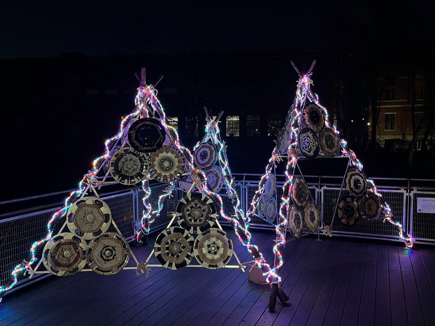 Hubcap Tree, a popup sculpture installed at ValleyCAST, Whitinsville, MA, 2024-25