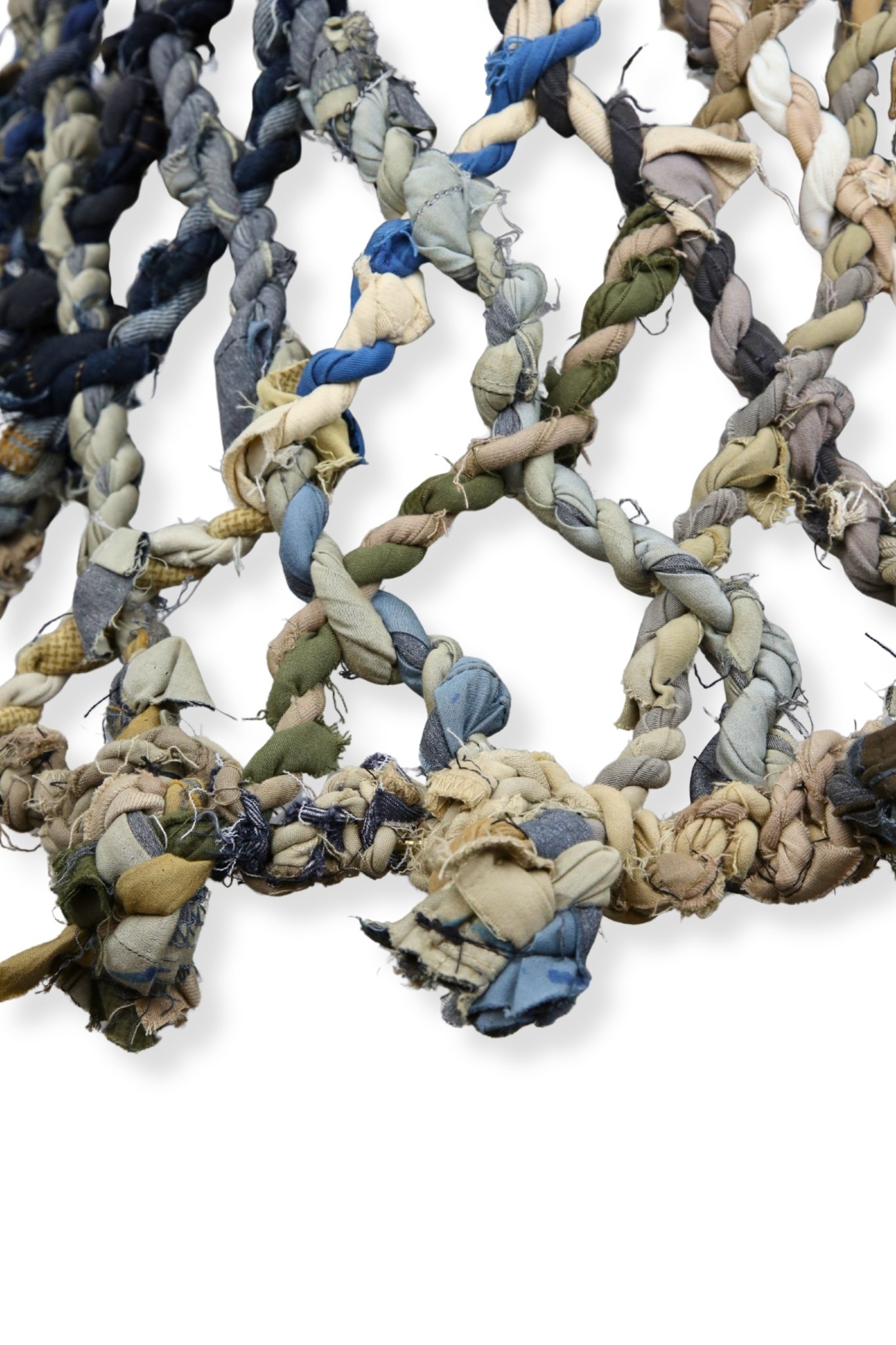 Cylindrical Net, pant hem rope, polyester, and cotton, 48 x 24, 2023