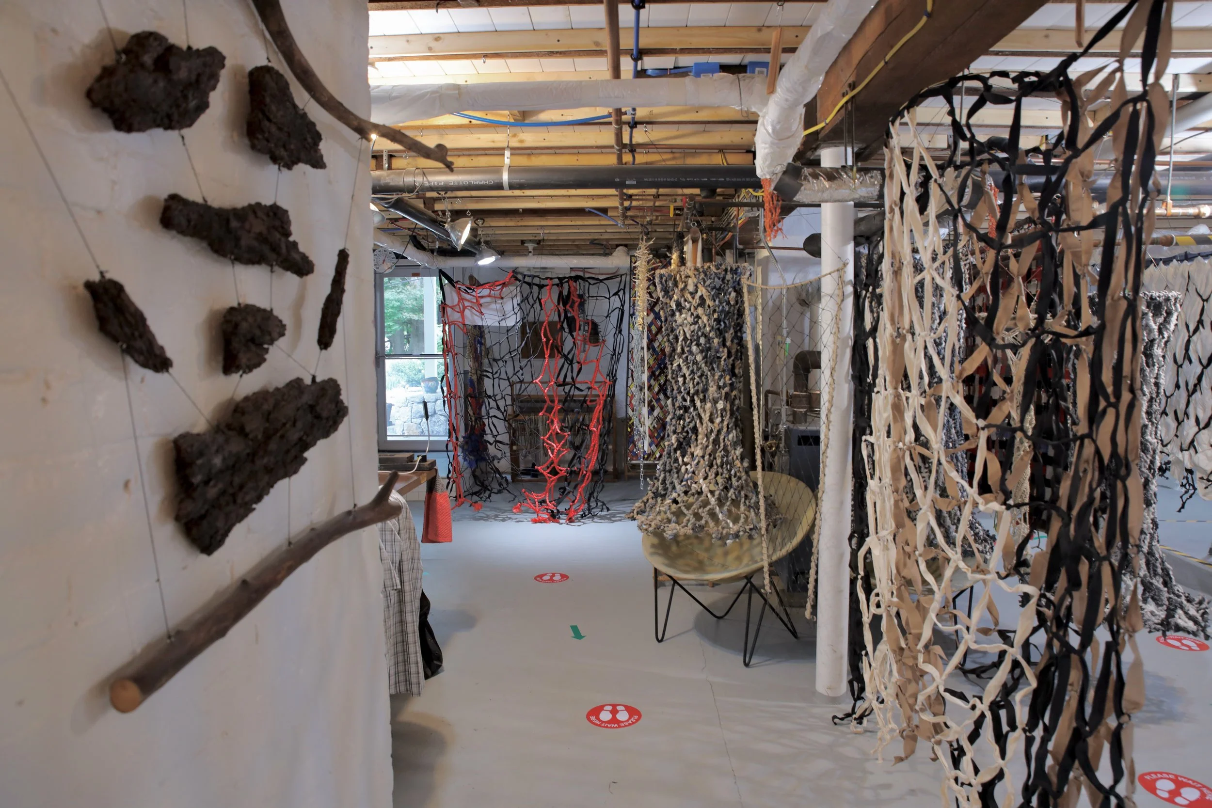 Bark Sculpture and Macrame Net Panel