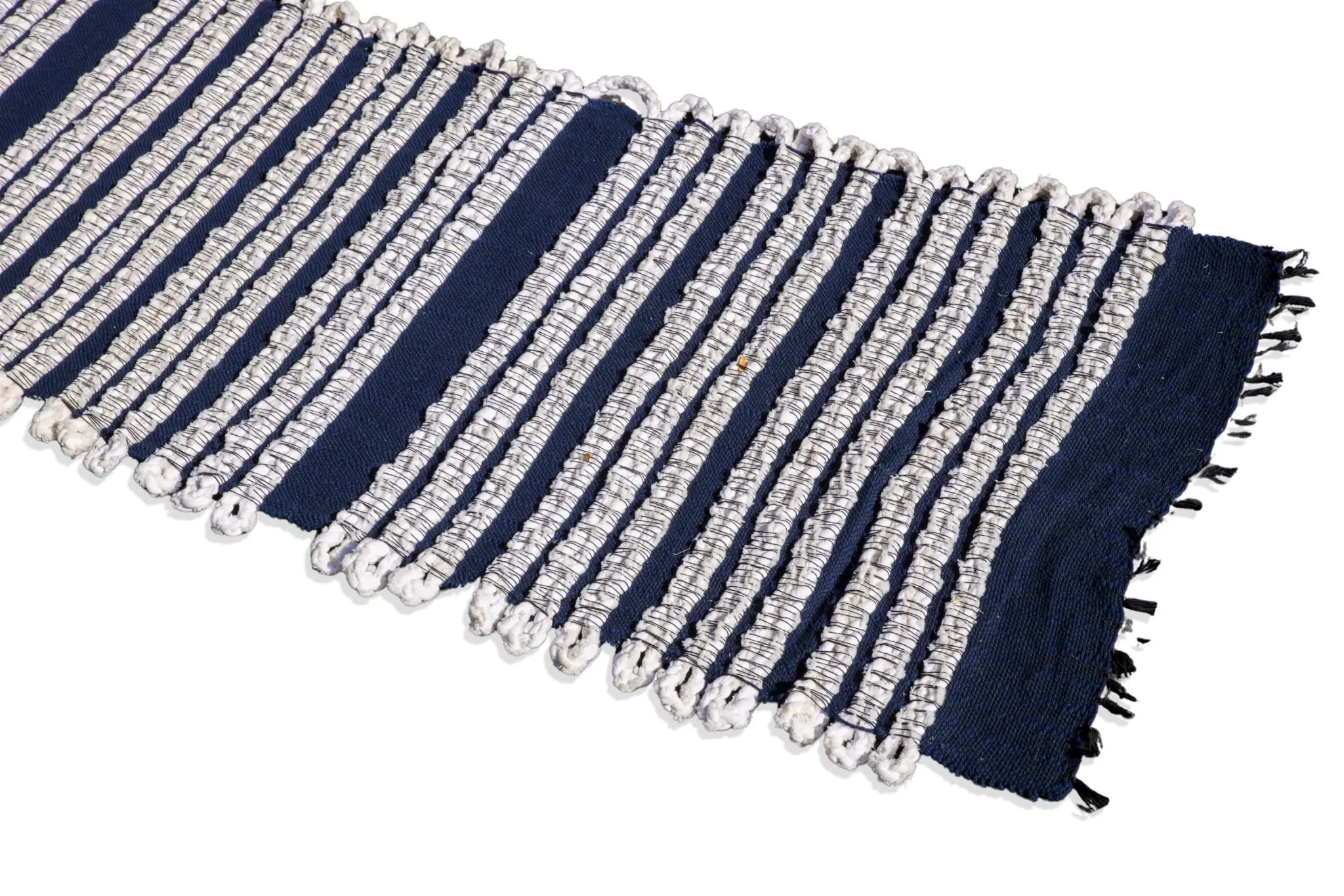 Sitting Mat, Cotton Thread and White Cord and Blue Cotton Yarn, 84 x 25, 2023