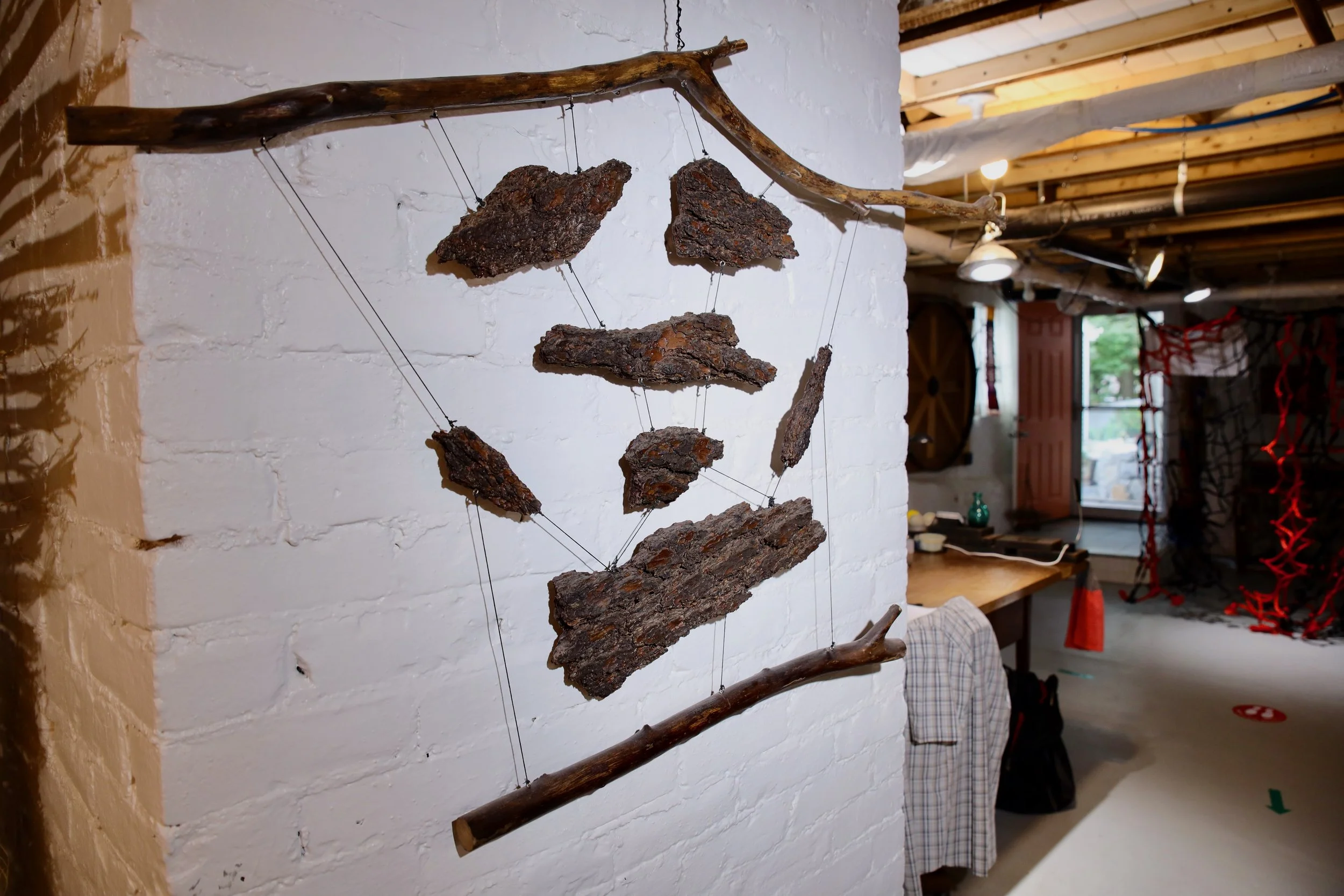 Jing, 2022, 33 x 48, Wood and Bark Suspended by Small Eyelets and Waxed Black Cotton Cord, Viewable From Both Sides.