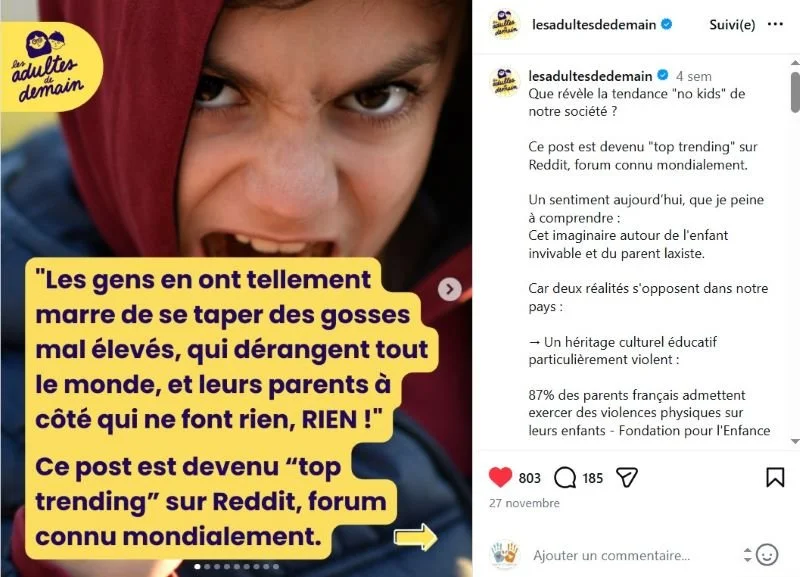 Tendance no kids : capture instagram du post de Stéphanie d'Esclaibes sur le sujet, sur le compte Instagram des Adultes de Demain.