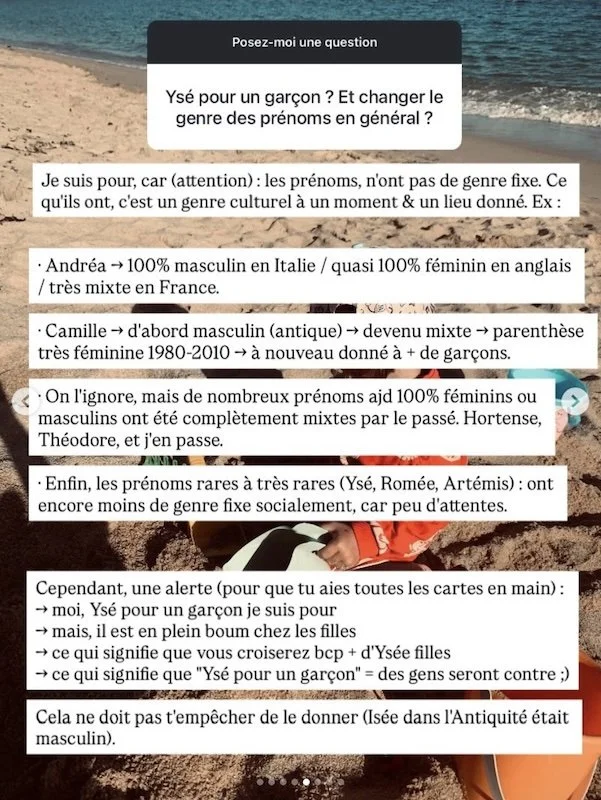 Choisir le prénom de son enfant : extrait du compte Instagram de Julia Thévenot