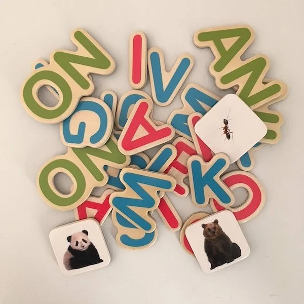 Lettres magnétiques en bois proposées par Céline Alvarez et correspondant aux 35 graphèmes de base à utiliser en maternelle pour l'entrée dans la lecture par l'encodage et le décodage