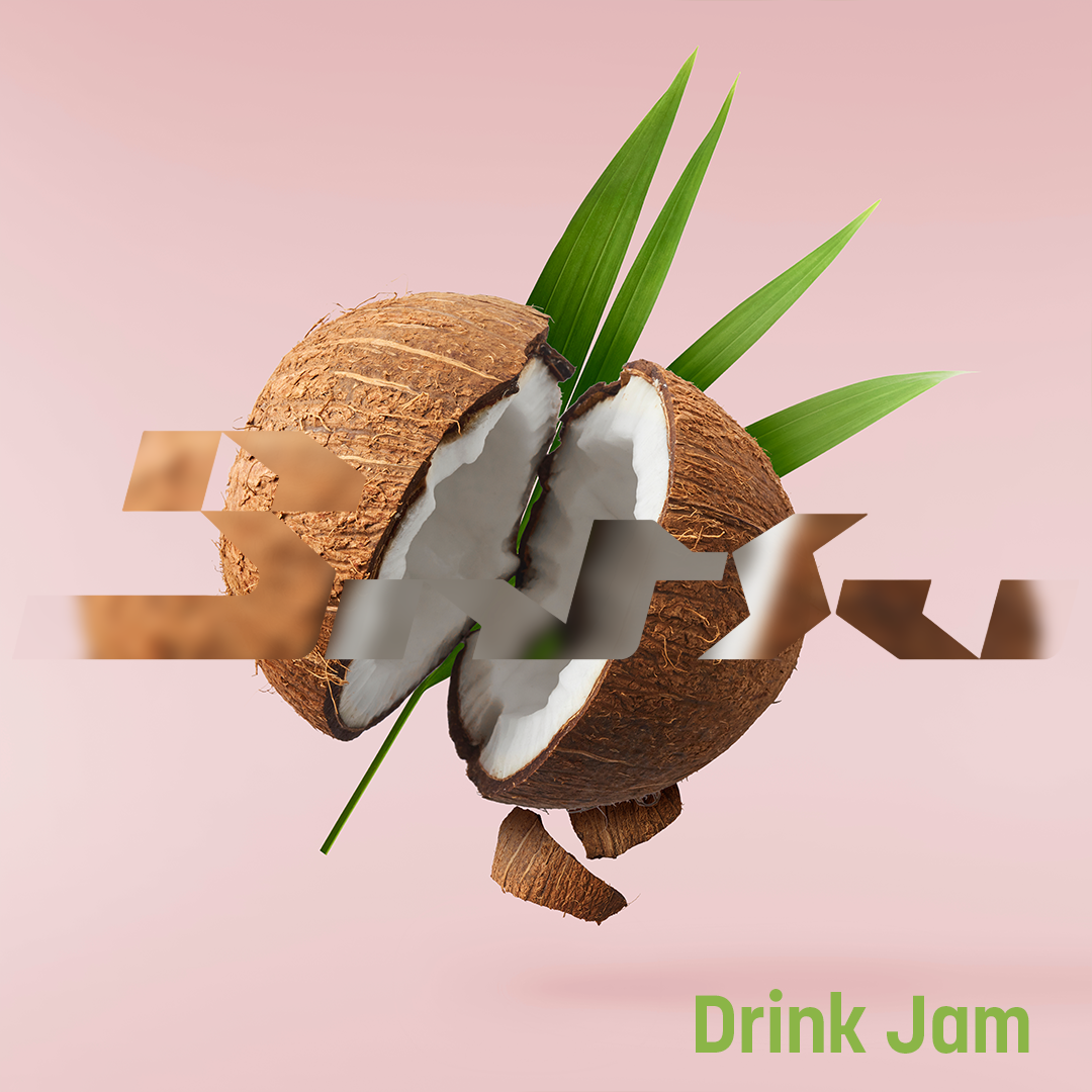 An opened coconut in front of palm leaves and a pink background. Text reads "Batsu Drink Jam."