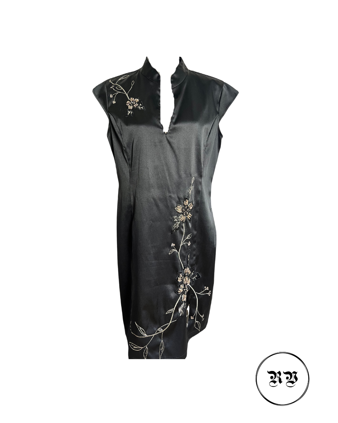 VINTAGE FLORAL SEQUINS CHINESE BLACK MIDI DRESS
