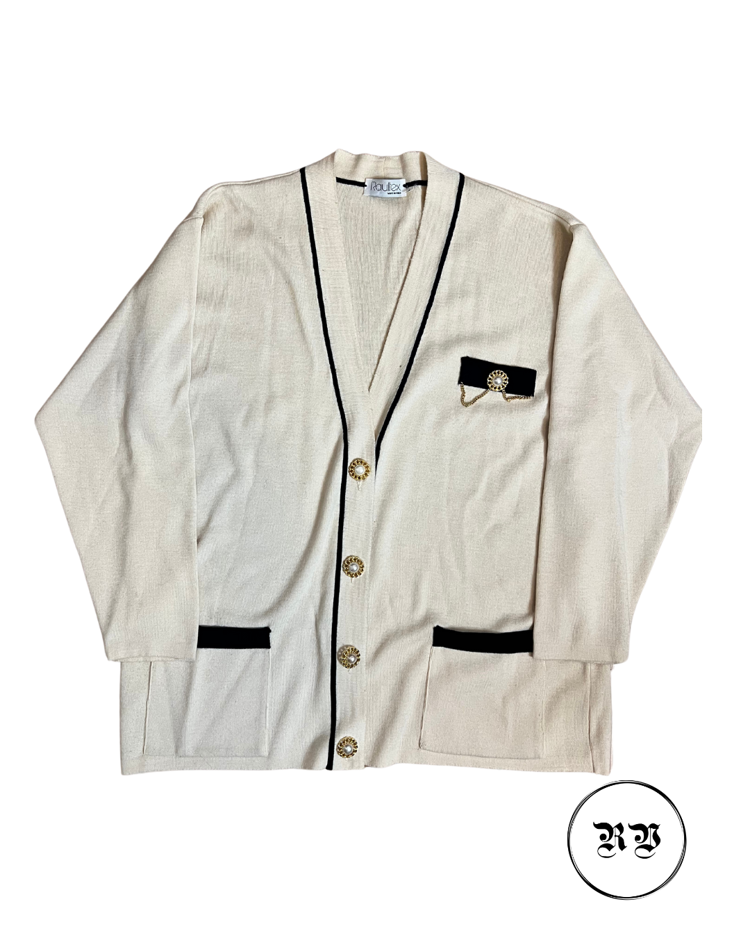VINTAGE OVERSIZED CREAM & NAVY BLUE WOOL CARDIGAN