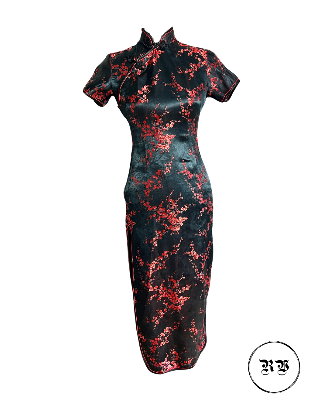 VINTAGE FLORAL CHINESE BLACK & RED MAXI DRESS