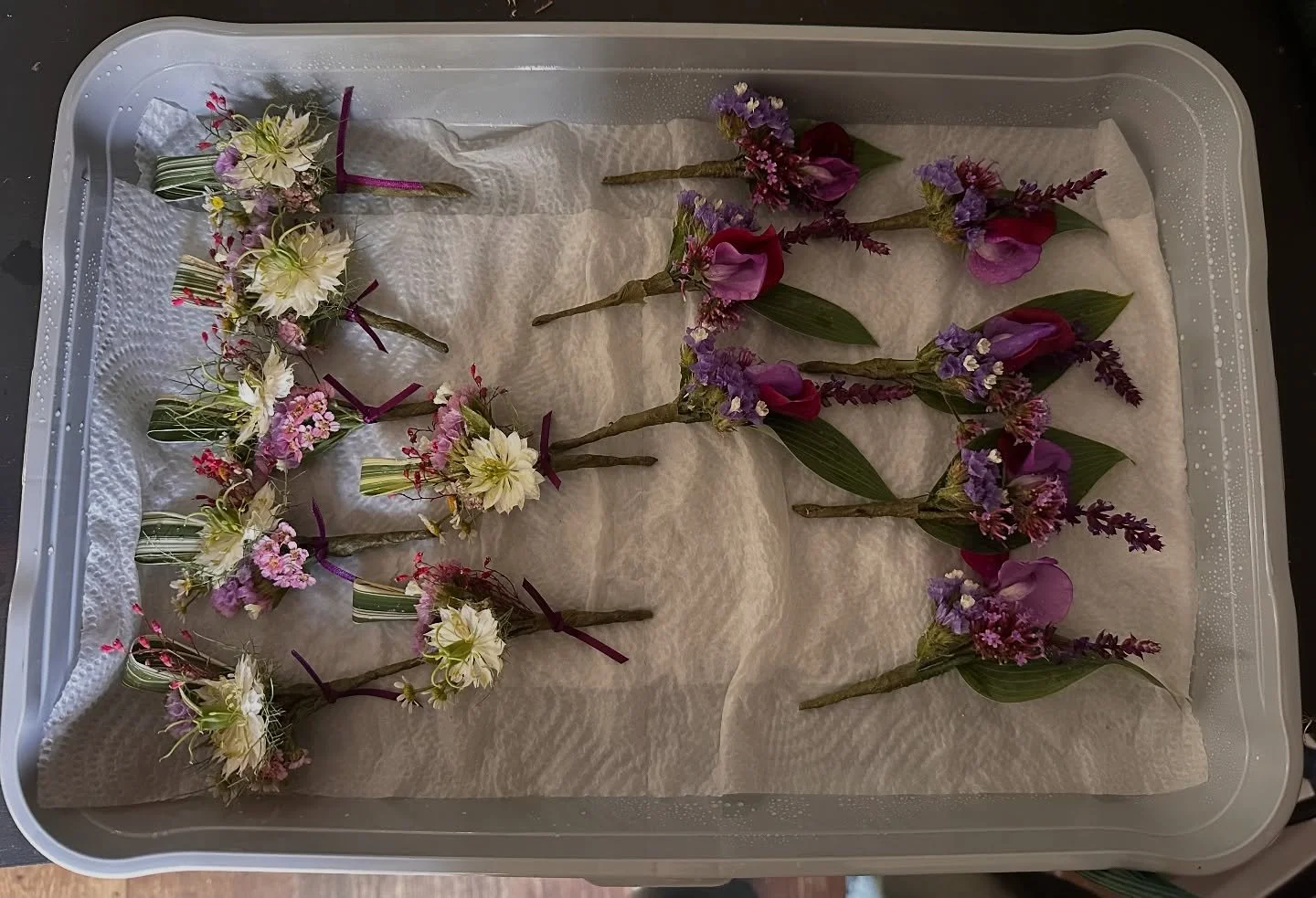 Buttonholes and corsages for a funeral last week, saying goodbye to a lady who was passionate about her garden and flowers.
There are no rules to what flowers you have or wear to a funeral, saying goodbye should be as individual as the person you lov