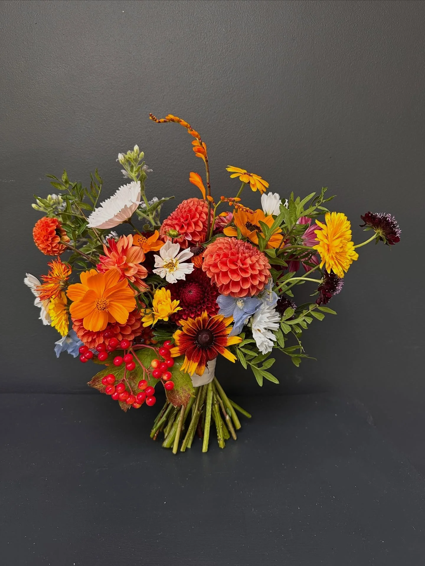 Sarah&rsquo;s bouquet, beautiful autumnal tones with a pop of pale blue. 
#augustweddings 
#cheshamflorist
#berkhamstedflorist 
#amershamflorist 
#beaconsfieldflorist
#gerrardscrossflorist 
#hemelhempsteadflorist
#bovingdonflorist 
#abbotslangleyflor