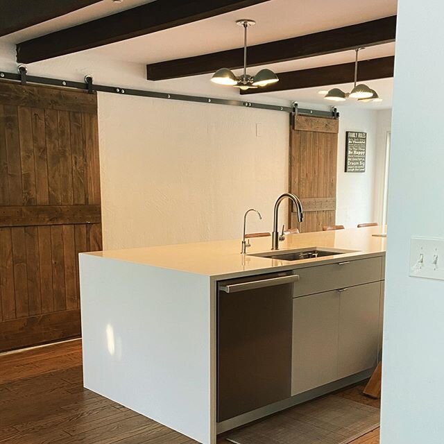Another view of a recently completed kitchen project. The client wanted a modern look that worked with the rustic feel of the house.  #vlystudio #kitchen #kitchendesign #white #concrete #rustic #handmade