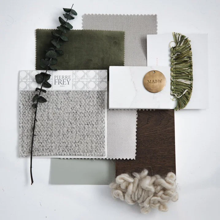 🌿 A serene sage mood board for a calming, relaxing master bedroom ☁️ Upholstered grey wool bench for the &ldquo;kids to climb on every morning&rdquo;. Oatmeal linen on the headboard for a laid back but classic look, earthy green velvet on the cushi