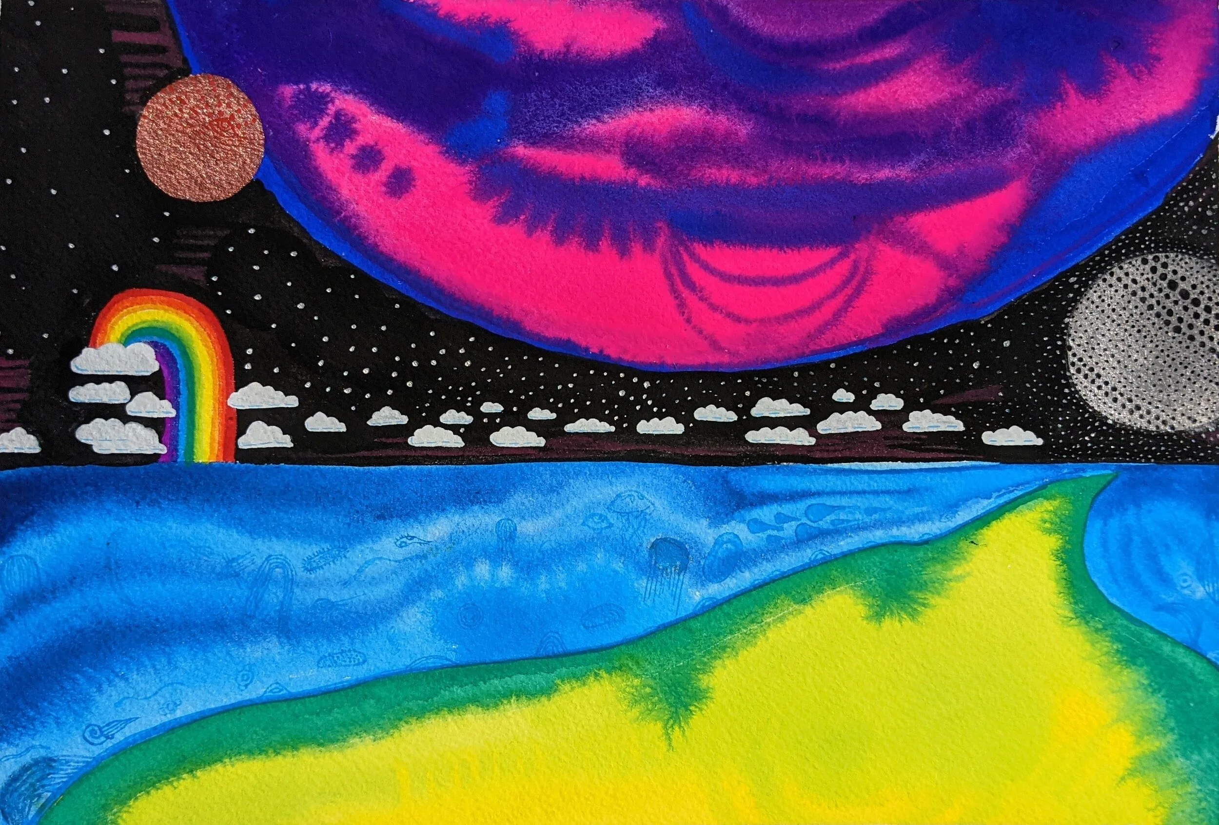 Convergence, 7 x 10.5 in, gouache on paper, 2020