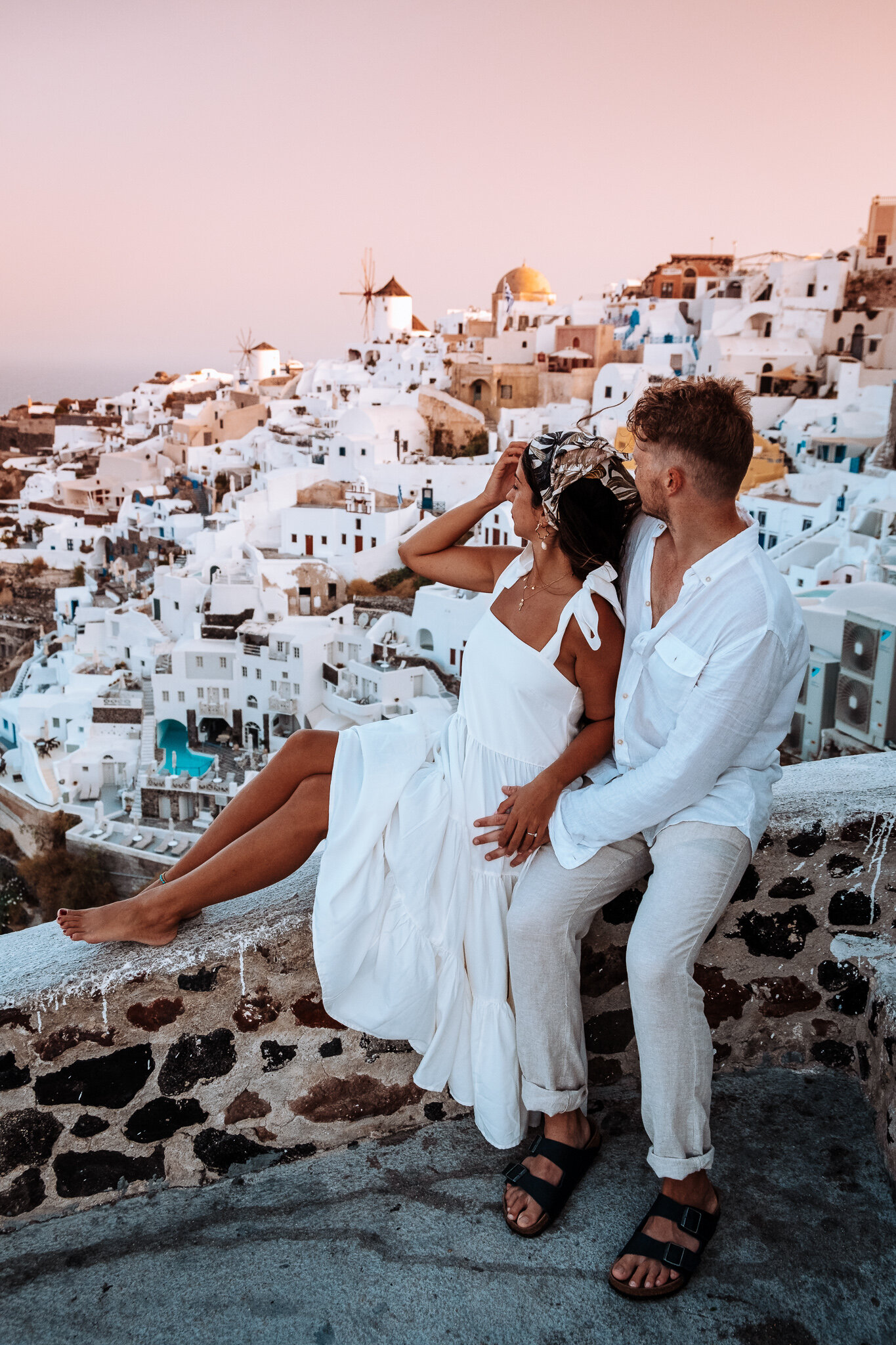 Romantic Couple Castle Ruins At Oia Santorini