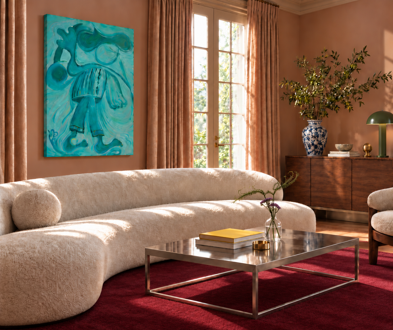 Sala contemporânea com sofá curvo e tapete bordeaux.png