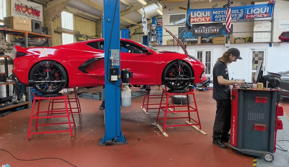 Vehicle being worked on in the Modurstang workshop