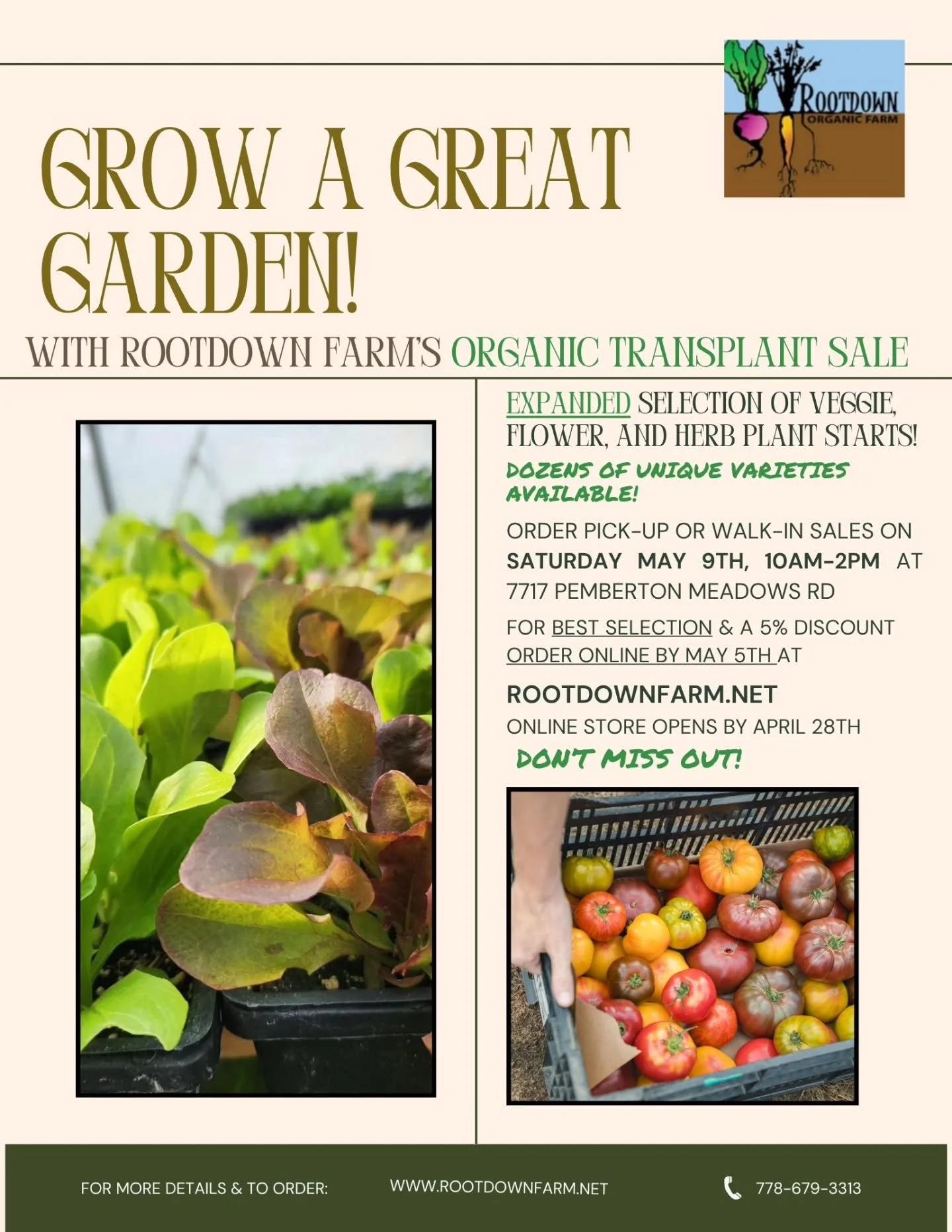 Has this gorgeous sunny weather got you thinking about the gardening season ahead?

Well at Rootdown, we've already been thinking about it, and have already started thousands of organic seedlings for our Annual Organic Transplant Sale - helping YOU g