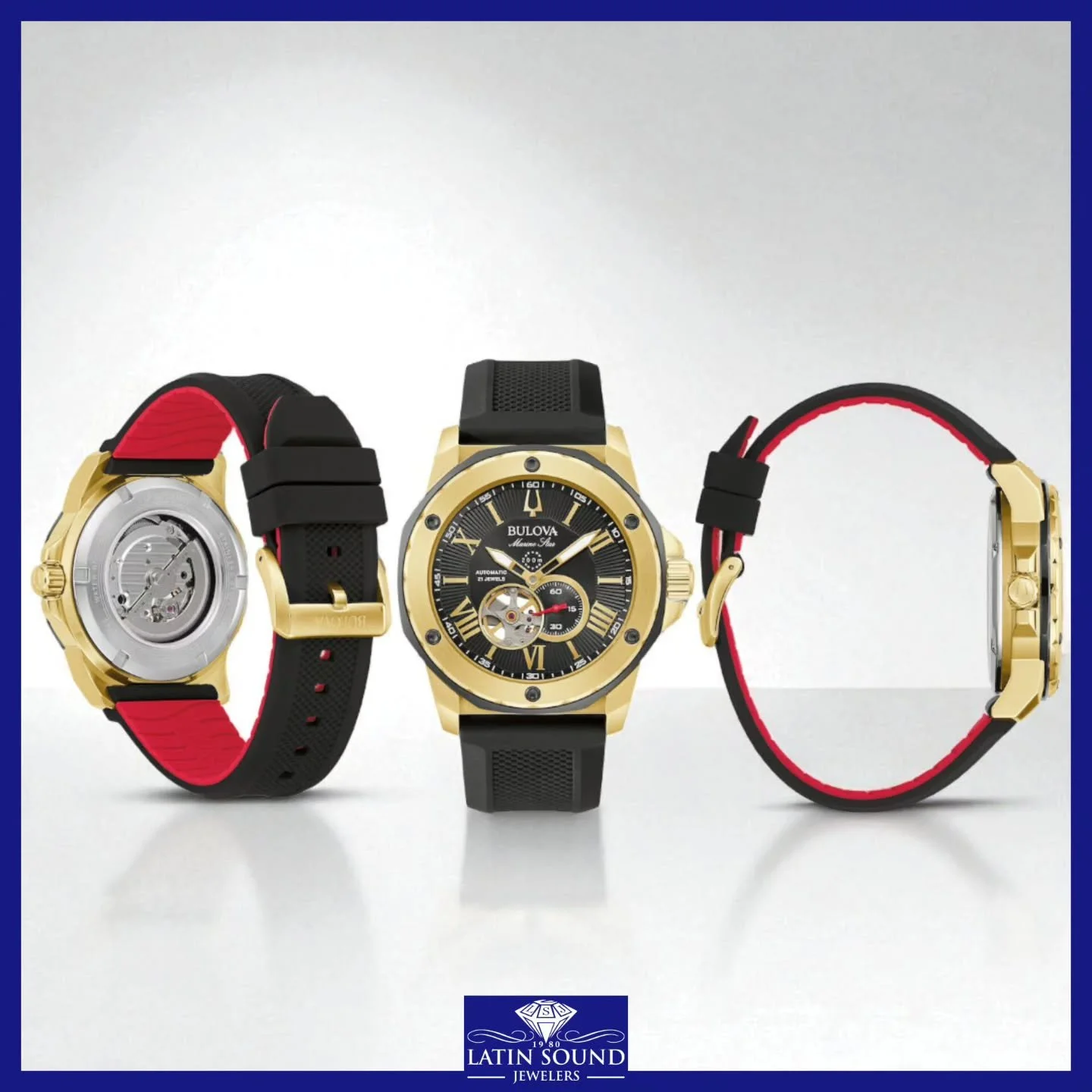 From the Bulova Marine Star Collection, this men's watch features a black sunray skeleton dial with luminous gold-toned hands and Roman numeral markers, one sub-dial for second hand, with a black bolt-accented bezel and mineral crystal in a 45.0mm go