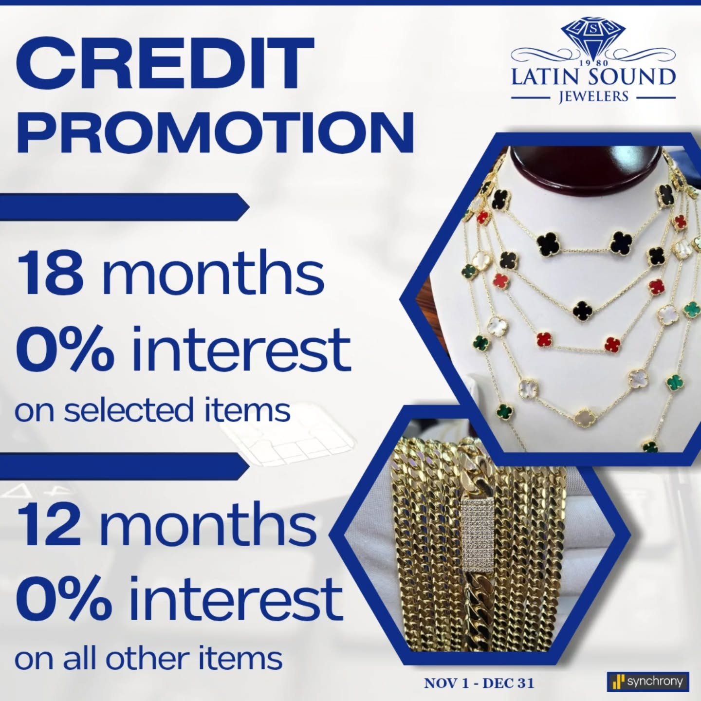 Making your holiday shopping easier and more accessible with multiple financing options, including layaway plans for up to 180 days.
💎
Haciendo tus compras navide&ntilde;as m&aacute;s f&aacute;ciles y accesibles con varias opciones de financiamiento