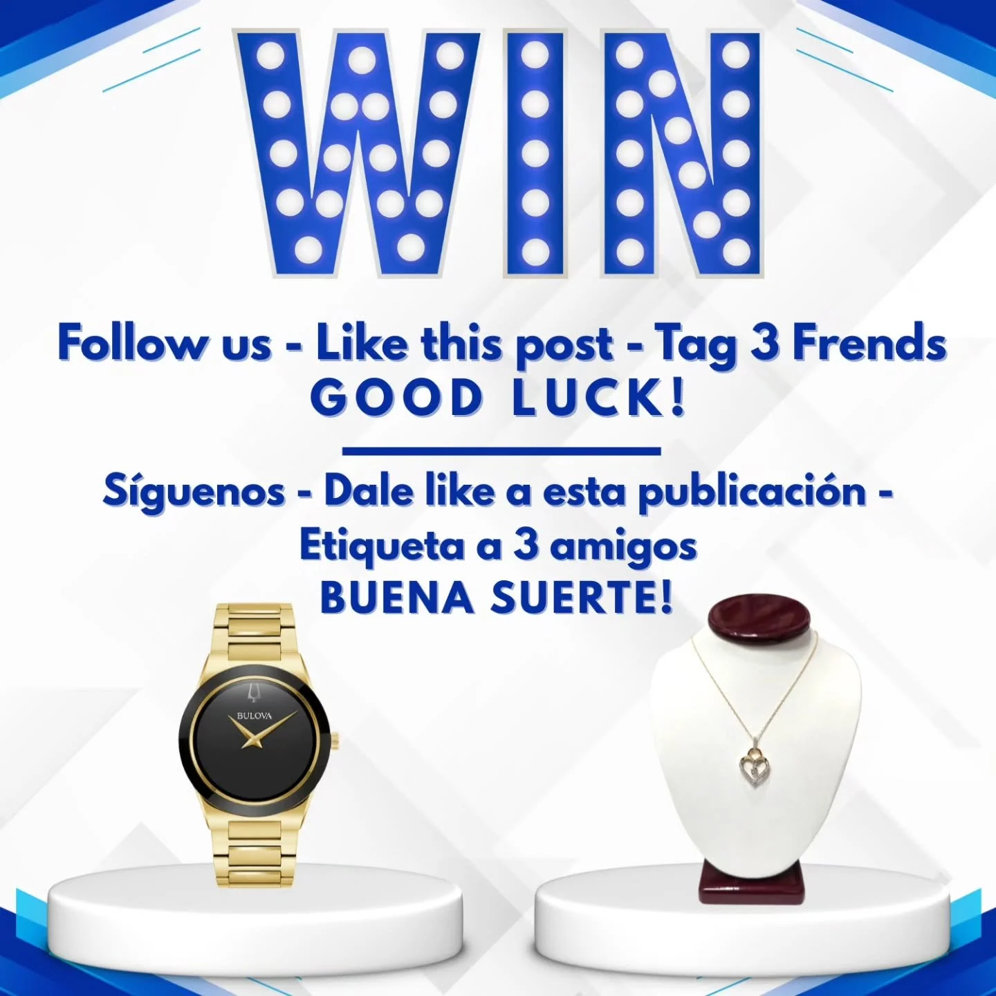 English:
Enter for a chance to win a men&rsquo;s Bulova watch or a women&rsquo;s gold and diamond pendant with chain! We will be selecting two lucky winners &mdash; one from Facebook and one from Instagram.

How to enter:
&bull; Follow our page
&bull