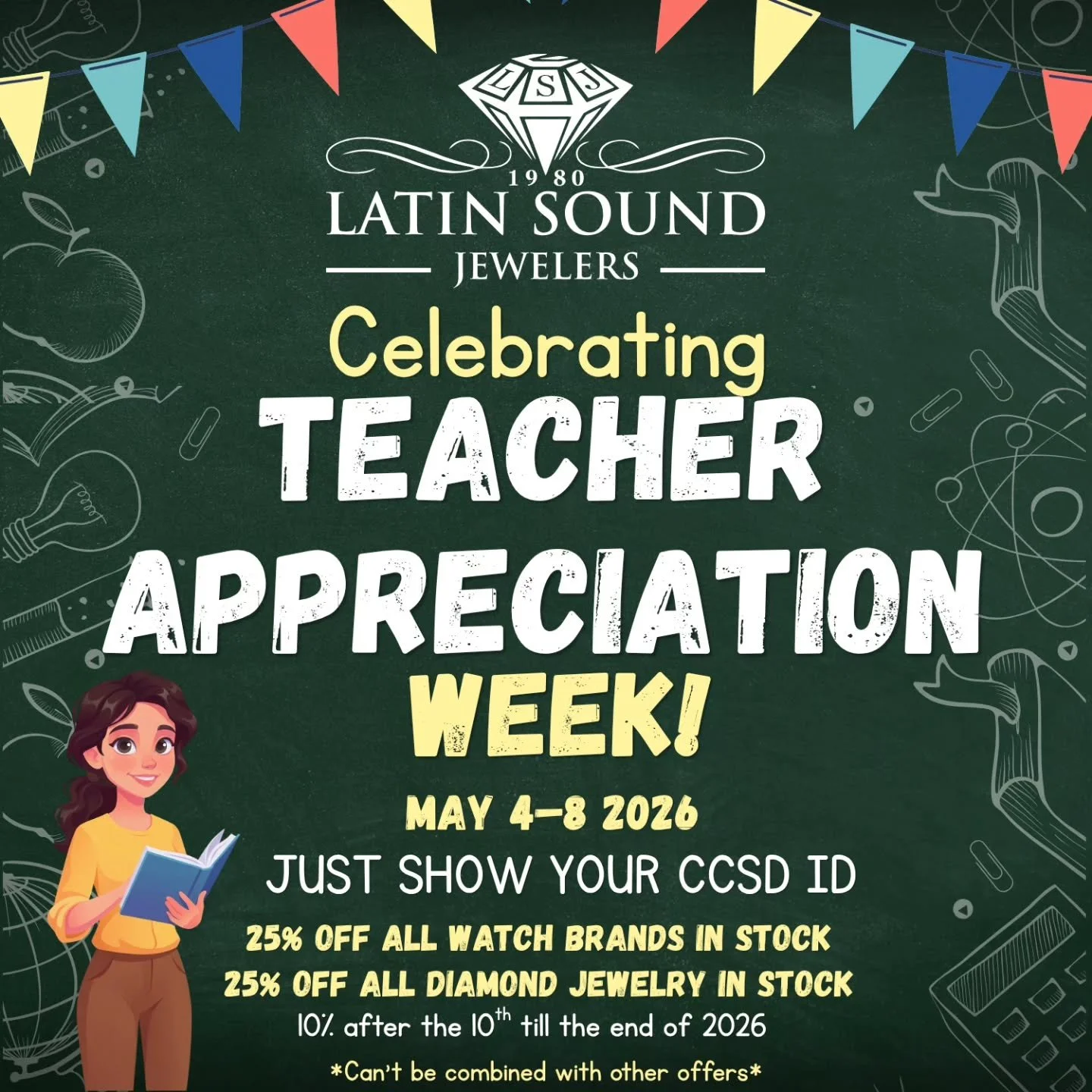 Celebrating Teacher Appreciation Week with 25% off all watches in stock and 25% off all diamond jewelry. A small way to say thank you for the incredible impact you make every day.
💎🏫👨&zwj;🏫✏️🗺️
Celebrando la Semana de Apreciaci&oacute;n a los Ma
