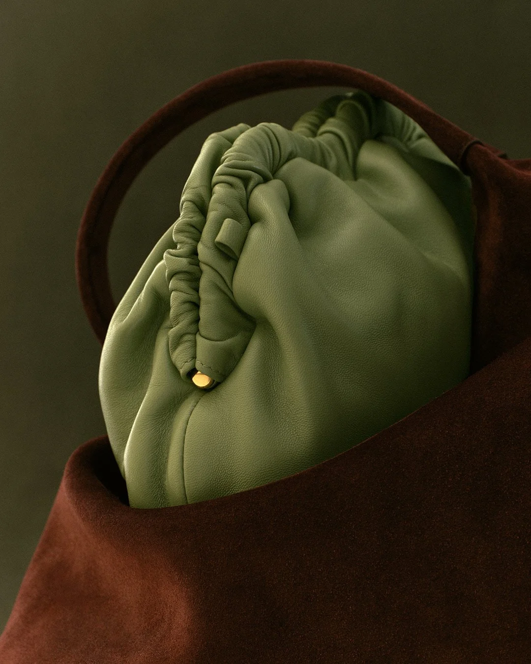green-ruched-leather-clutch-chocolate-suede-purse-gold-hardware-accessories-product-photography-editorial-soft-goods-mansur-gavriel.jpg