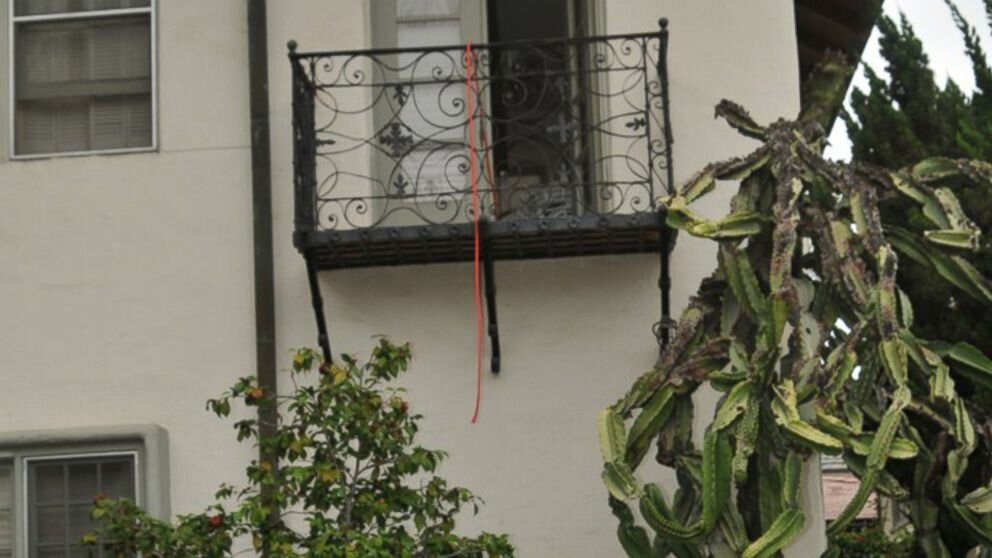 Balcony where Rebecca was found with cut rope still hanging from it