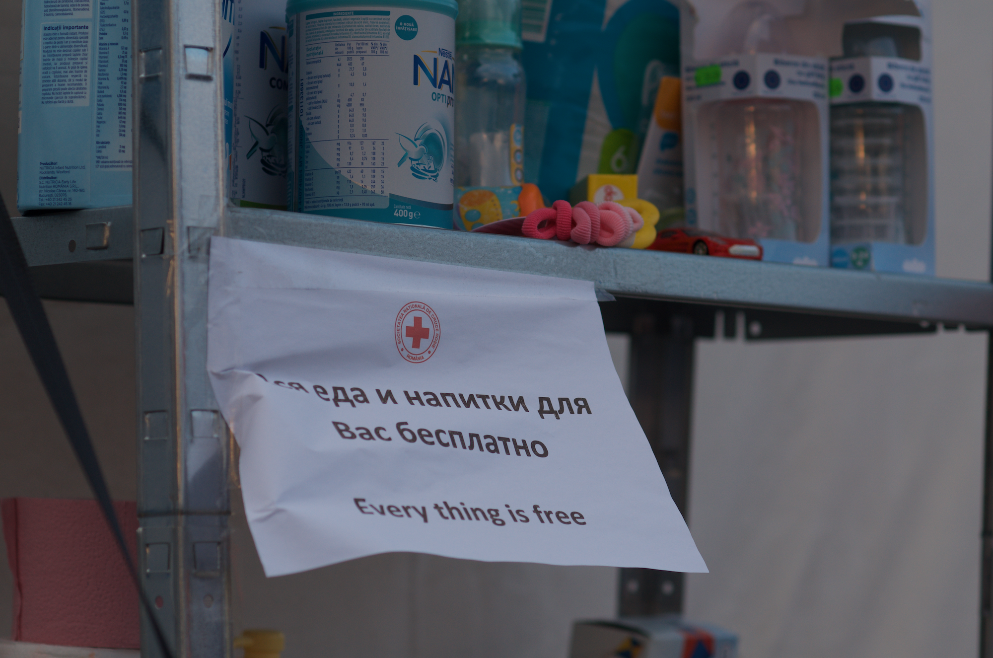 The Red Cross tent at Isaccea provides people with free items such as baby milk, bottles, blankets, tampons and pads, food and water