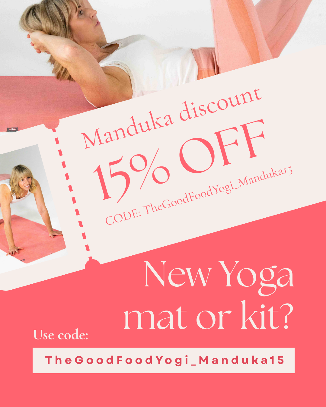lady on Manduka UK yoga mat offering 15% discount off Manduka UK mats and accessories