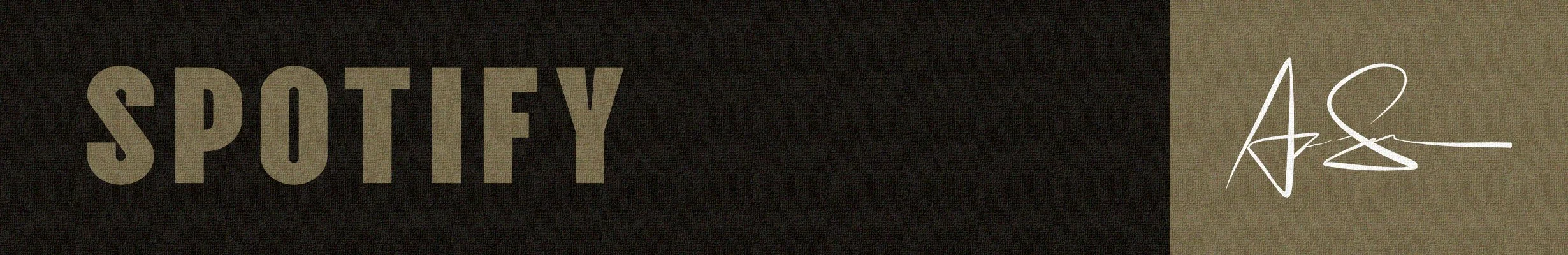 The image shows the word "SPOTIFY" in bold letters on a dark background, with an abstract signature-like design to the right on a lighter background.