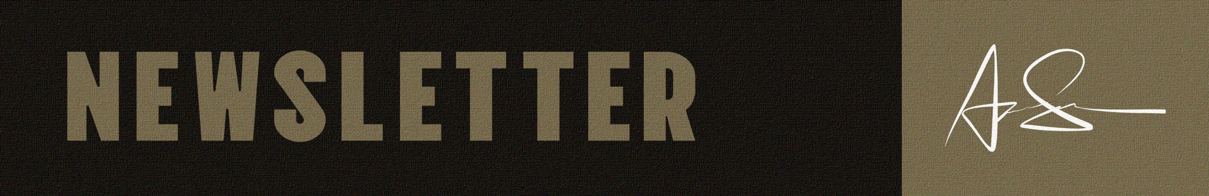 "Newsletter" text with stylized signature on dark background