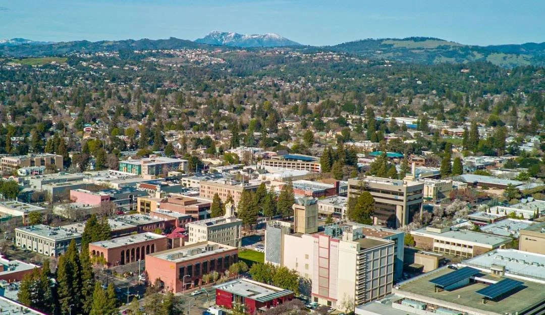 Aerial view of Downtown Santa Rosa and the surrounding hills in Santa Rosa, California