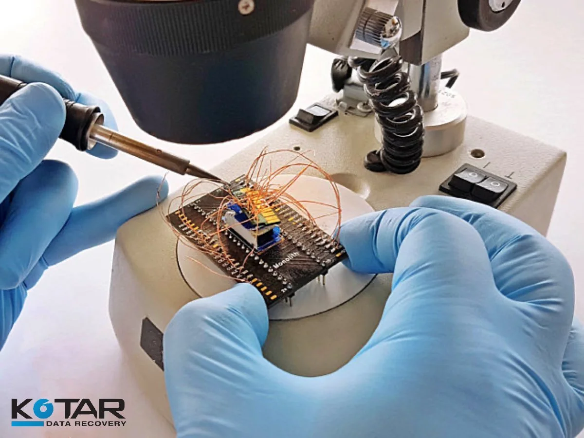 Professional data recovery engineer performing micro-soldering on a circuit board under a microscope at Kotar Data Recovery lab.
