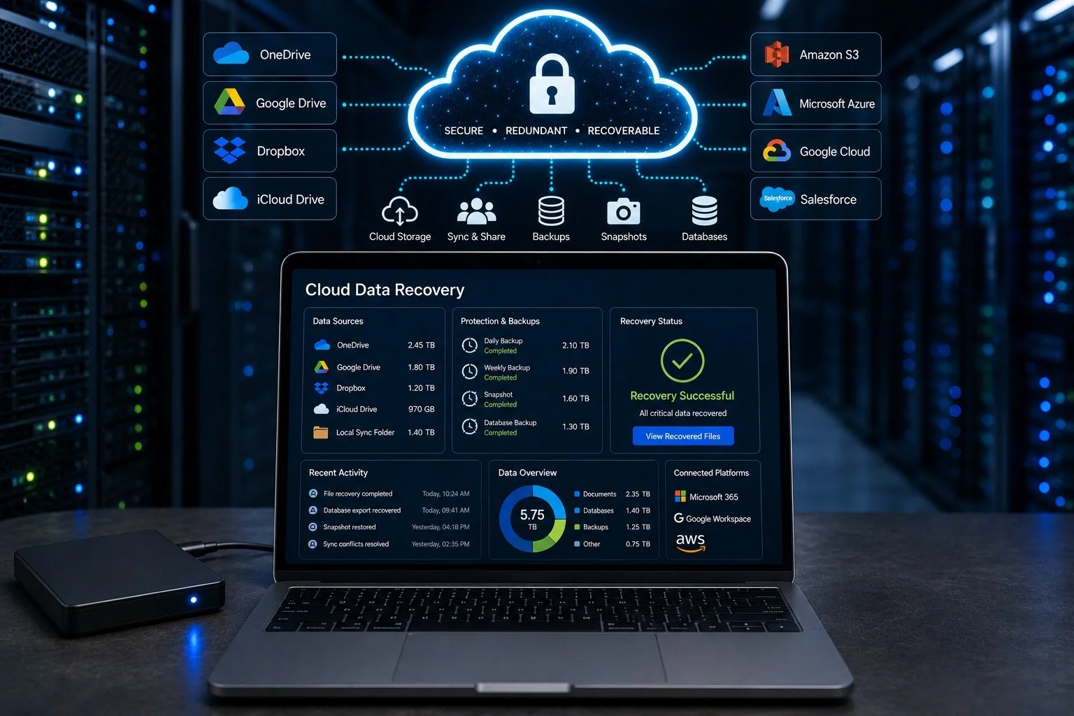 Cloud data recovery dashboard with cloud storage, backups, databases, synchronized files, and server infrastructure.