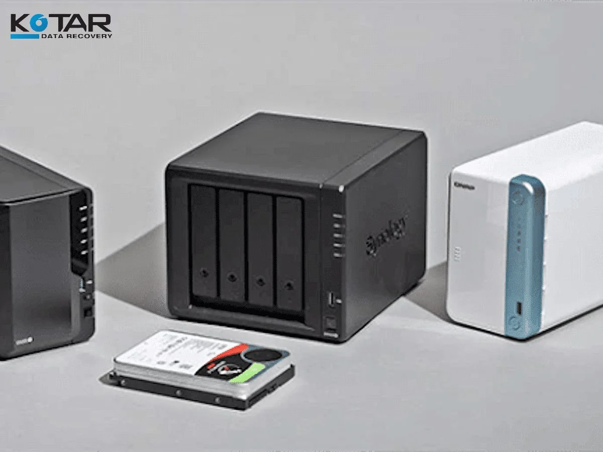 Kotar Data Recovery storage devices including a NAS, external drive, and hard drive, representing secure data recovery services in the SF Bay Area.