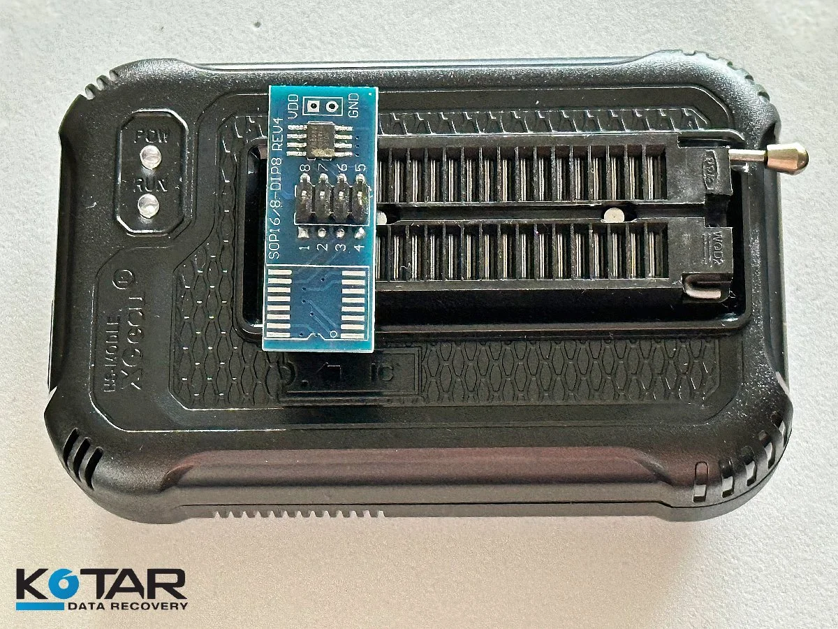 Chip programmer and SOP adapter used for advanced data recovery and NAND chip-level diagnostics in our Bay Area lab.