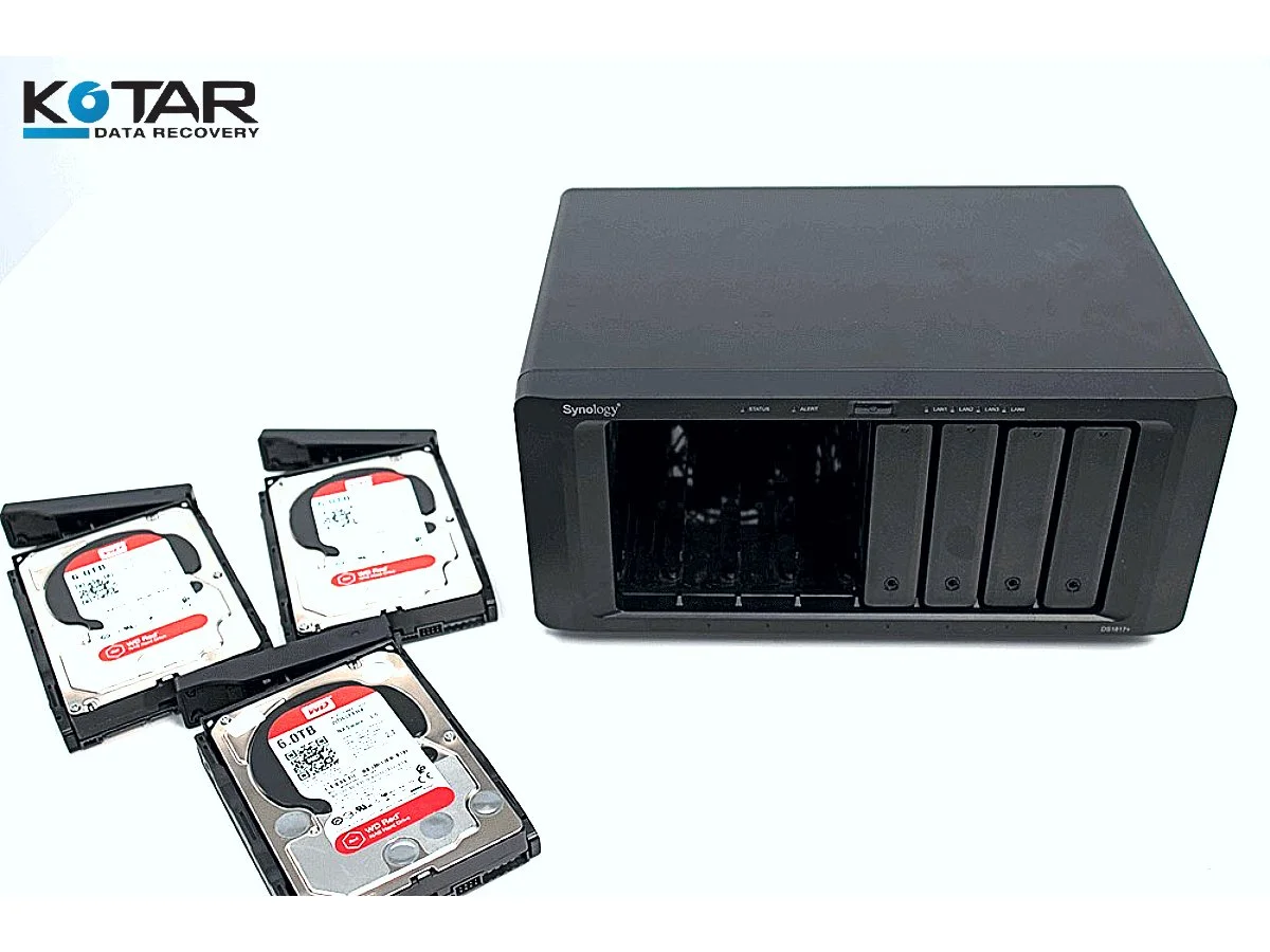 Kotar Data Recovery RAID recovery setup with a Synology NAS and multiple hard drives in a Bay Area data recovery lab.
