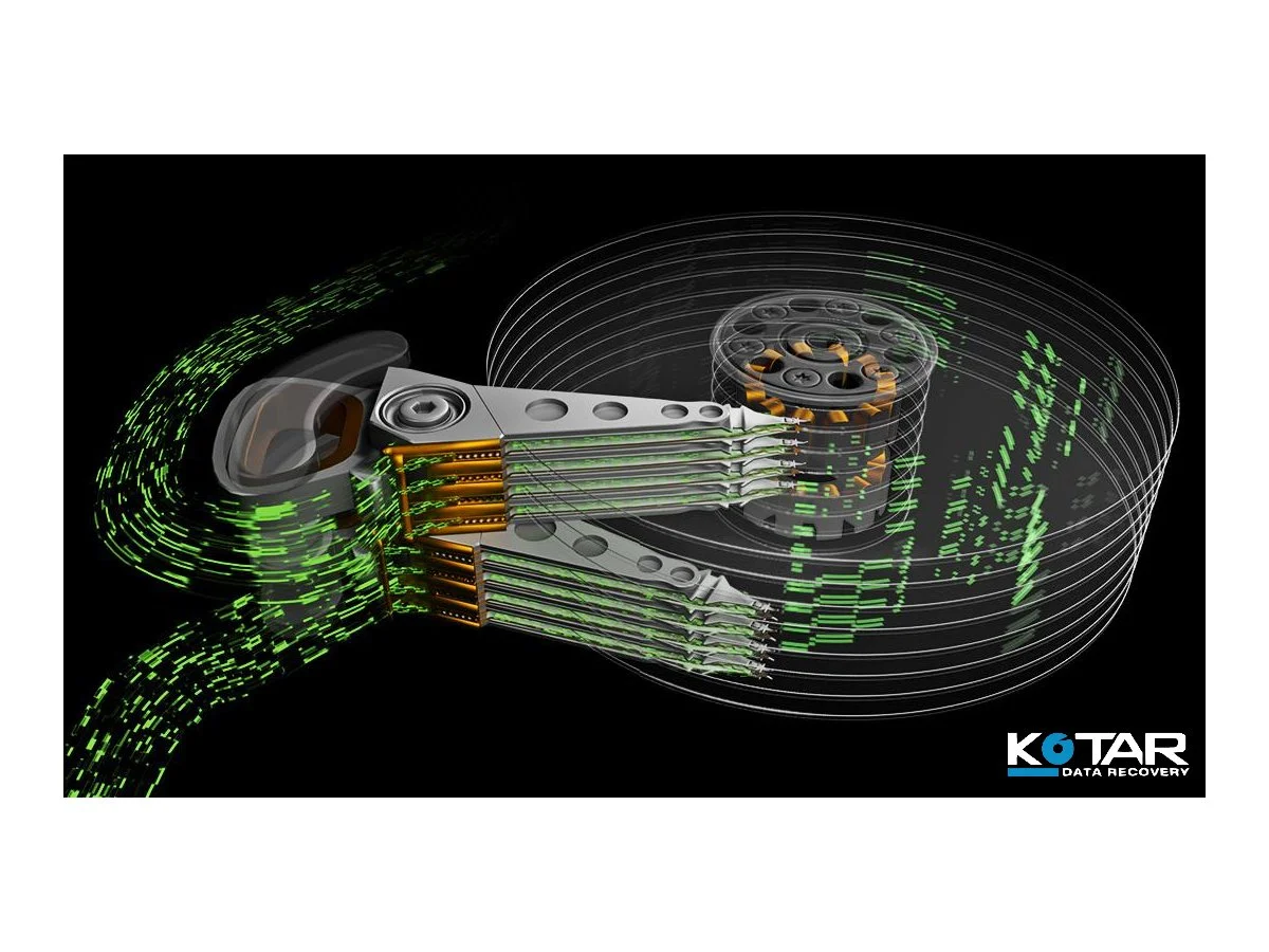 Hard drive platter and actuator assembly with visualized data flow representing advanced data recovery technology