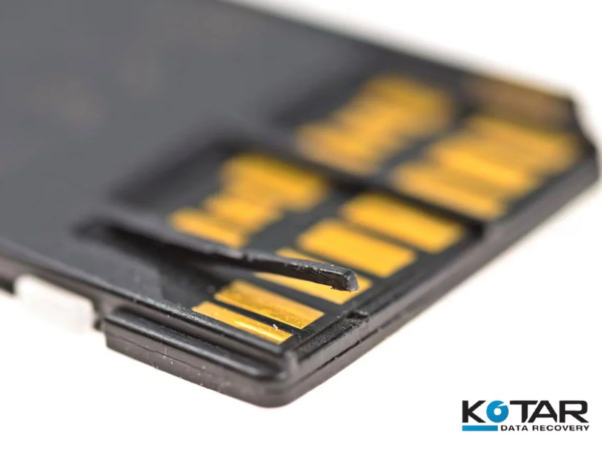 Damaged SD memory card representing professional photo and video data recovery services in the San Francisco Bay Area.