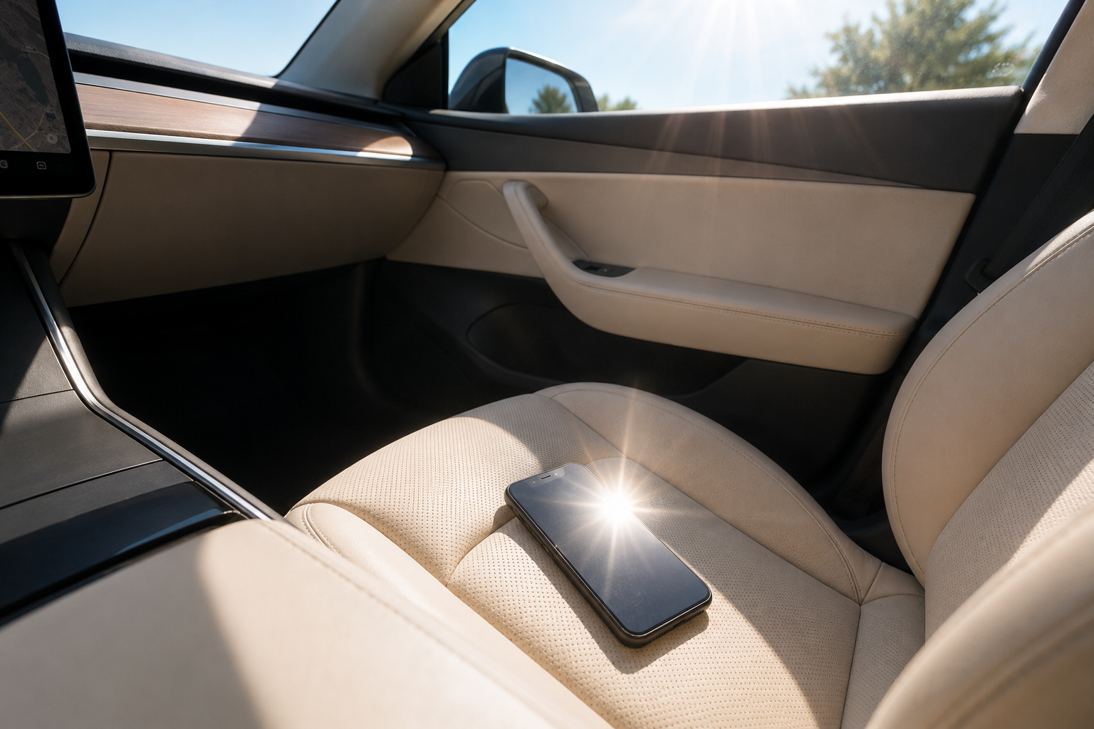 Phone exposed to direct sunlight inside a hot car, showing heat damage risk for data recovery