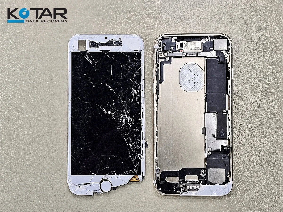 Opened damaged iPhone prepared for professional smartphone data recovery at Kotar Data Recovery’s San Jose lab.